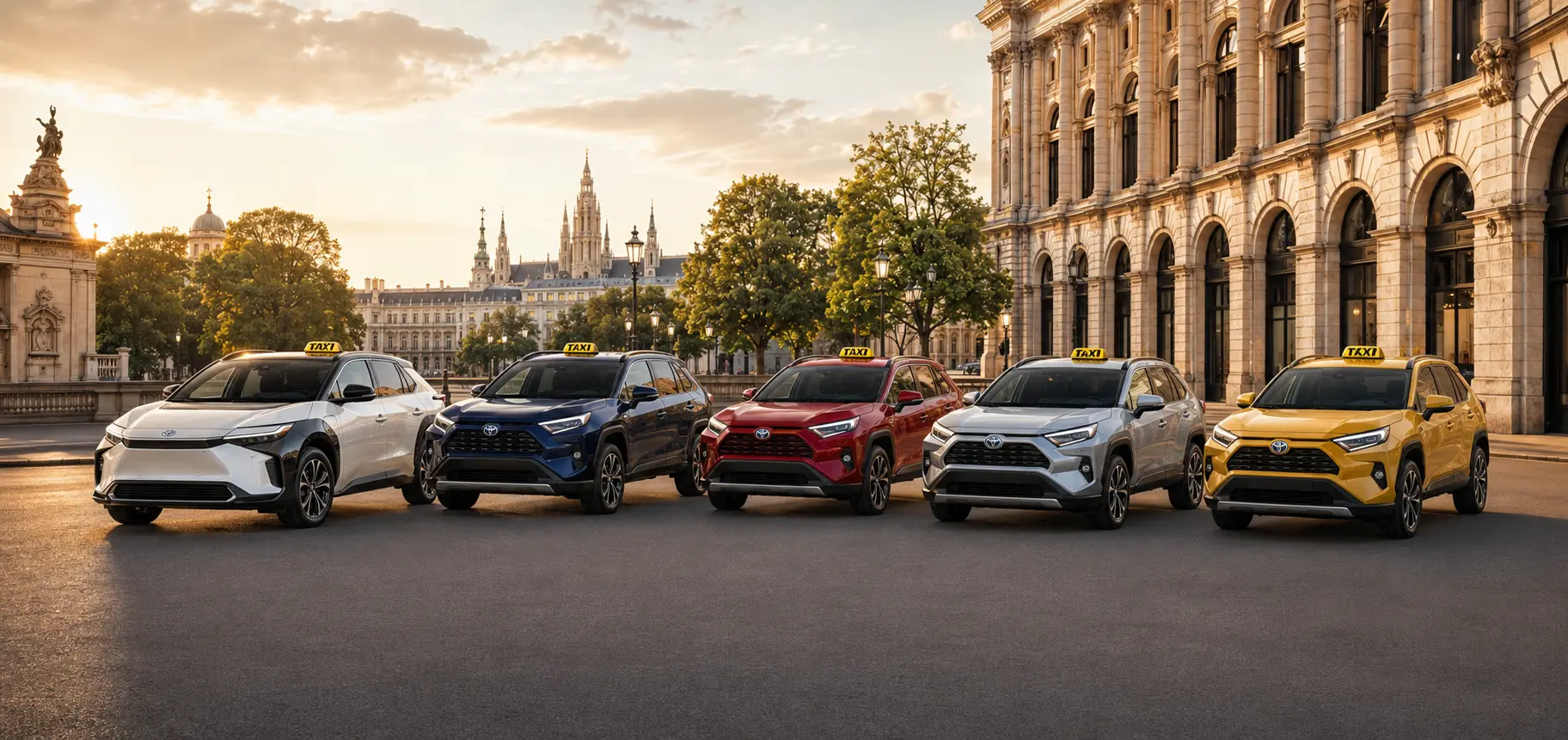 AFANDI Taxi Flotte mit Toyota-Taxis in Weiß, Blau, Rot, Silber und Gelb